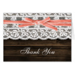 Rustic Barn Wood Lace Coral Ribbon Thank You Card