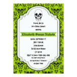 Skulls damask green, black wedding bridal shower card