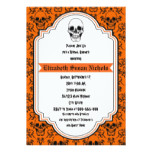 Skulls damask orange, black wedding bridal shower card