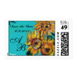 SUNFLOWERS IN BLUE TEAL MONOGRAM , Save the Date Postage