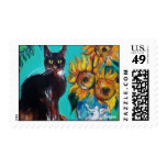 SUNFLOWERS WITH BLACK CAT IN BLUE TURQUOISE POSTAGE STAMP