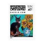 SUNFLOWERS WITH BLACK CAT IN BLUE TURQUOISE POSTAGE STAMP