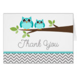 Teal Blue Owl Gray Chevron Baby Shower Thank You Card