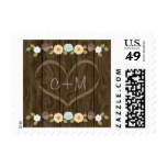 Teal Rustic Love Carved Initials Heart Wedding Postage