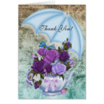 Vintage Thank You Card White Blue Purple Flowers