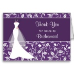 Wedding dress, damask on purple Thank you Card