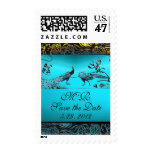 WEDDING LOVE BIRDS MONOGRAM black  turquoise blue Stamp