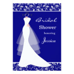 White wedding gown on royal blue  Bridal Shower Card