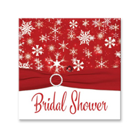 5x5 Sq Winter Bridal Shower Invitation - Red White Snowflakes Printed Ribbon Diamond Buckle